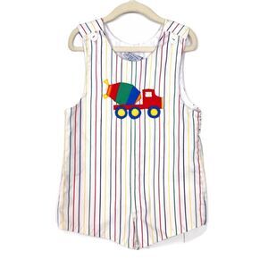 Vintage Samara Romper Baby Boy 4T Cream Red Striped Truck Embroidery One Piece